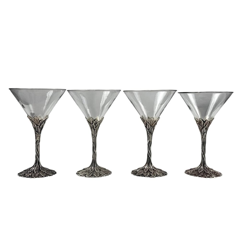 Vintage 90s Grey Goose Pewter Vine Stem Martini Glasses Set of 4